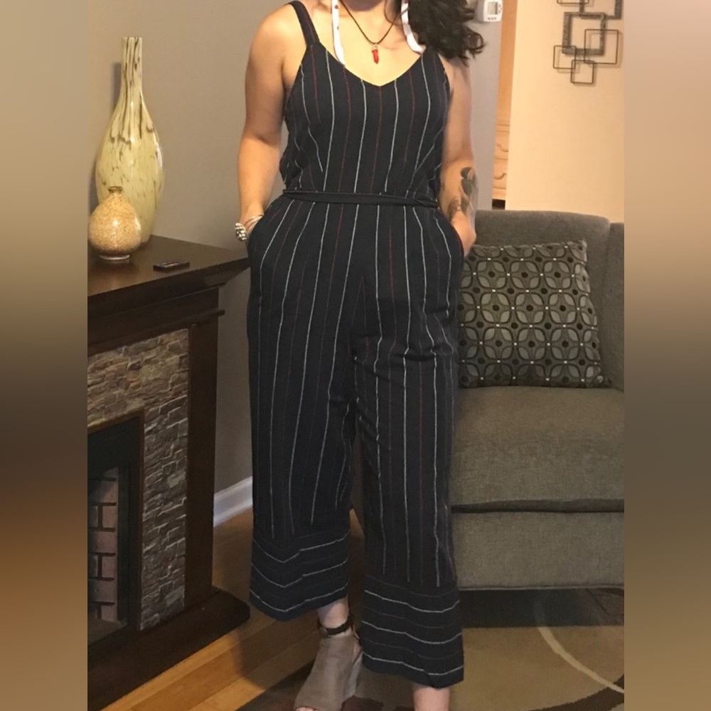 Universal thread blue with red and white stripes gaucho pants jumpsuit